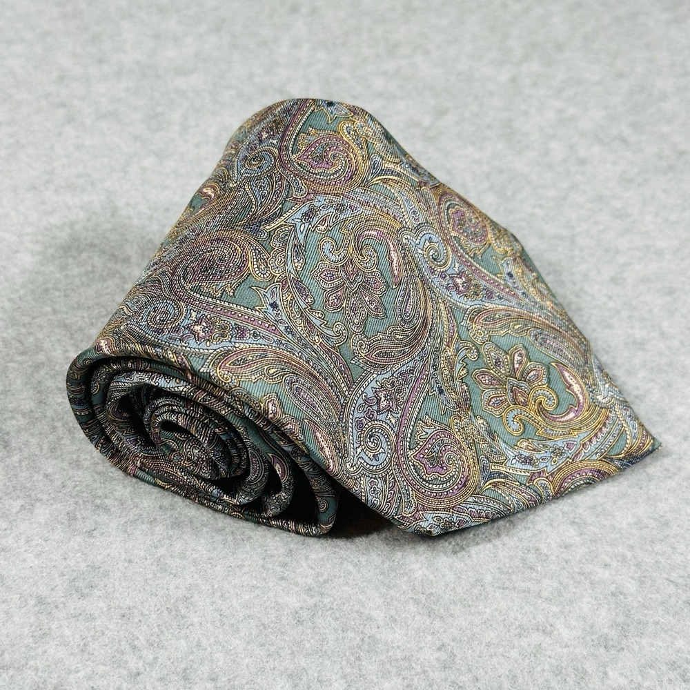 Windsor Tie Rack Silk Paisley Tie Italy Teal Gold Classic Mens 57x3.75 NOTE
